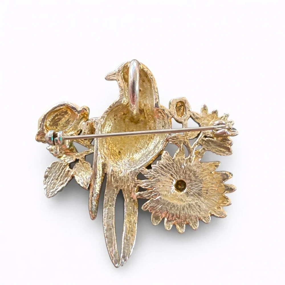 Vintage Enamel‎ Bird & Flower Brooch – Green Parrot Floral Mid Century